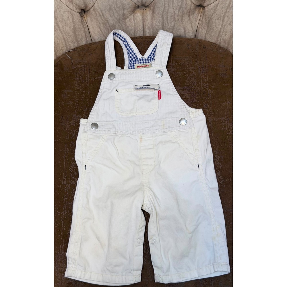 Miki House White Denim Overalls Gingham Straps Snap Leg Japanese Heritage